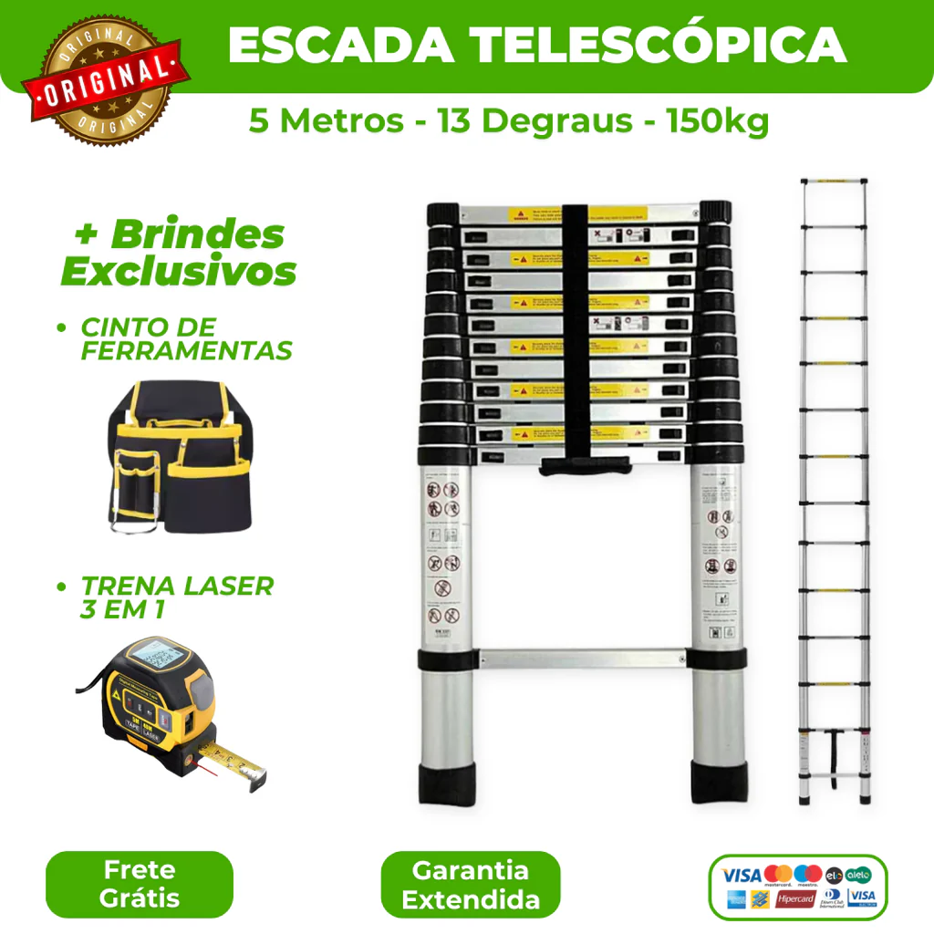 Escada Telescópica Ultra Resistente - 13 Degraus 5M (+ Brindes)