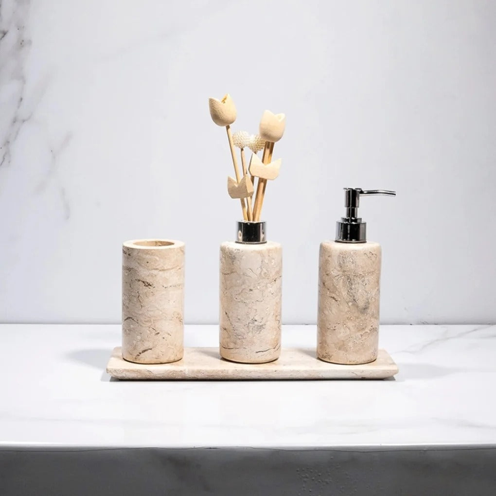 Kit Banheiro Lavabo em Mármore Bege Bahia – 4 Peças de Luxo - Cilíndrico
