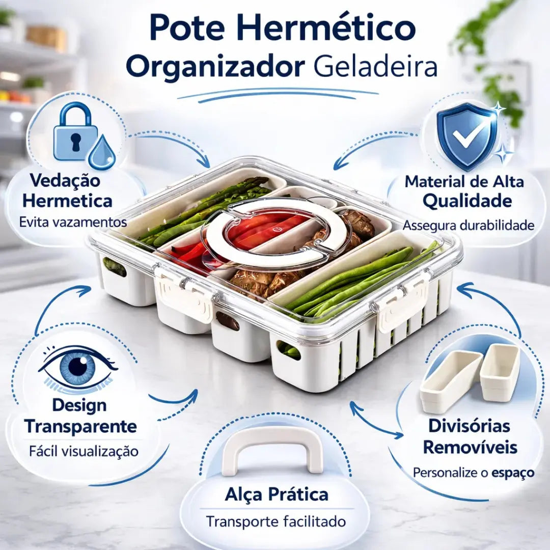 Pote Hermético Organizador de Geladeira com 4 Divisórias
