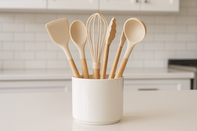 Conjunto 5 Utensílios Silicone com Cabo Madeira e Porta Utensílios