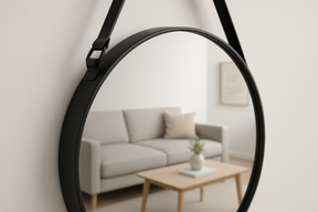 Espelho Decorativo Redondo 60cm Moldura Preta com Alça Couro