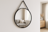 Espelho Decorativo Redondo 60cm Moldura Preta com Alça Couro