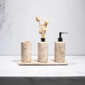 Kit Banheiro Lavabo em Mármore Bege Bahia – 4 Peças de Luxo - Cilíndrico