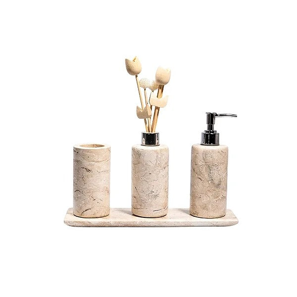 Kit Banheiro Lavabo em Mármore Bege Bahia – 4 Peças de Luxo - Cilíndrico