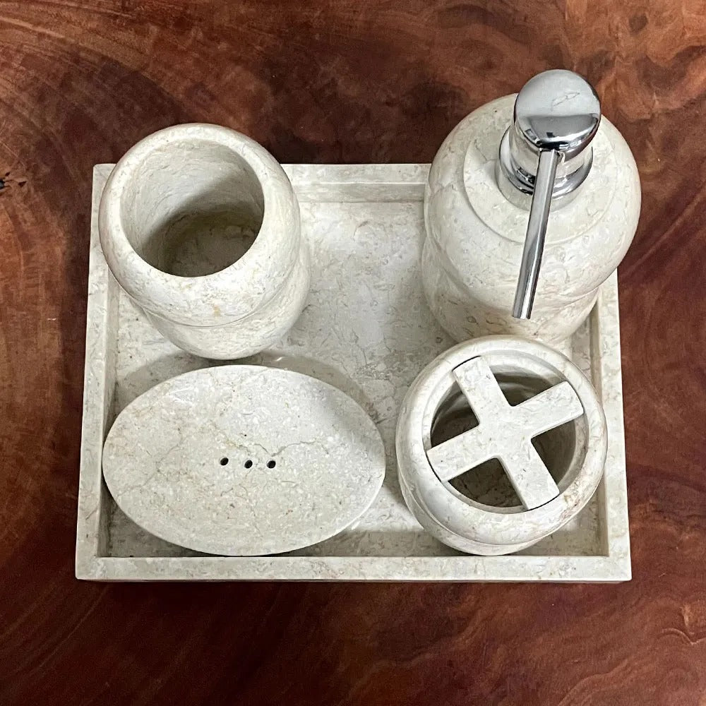 Conjunto de Banheiro em Mármore Natural Travertino Branco - 5 peças