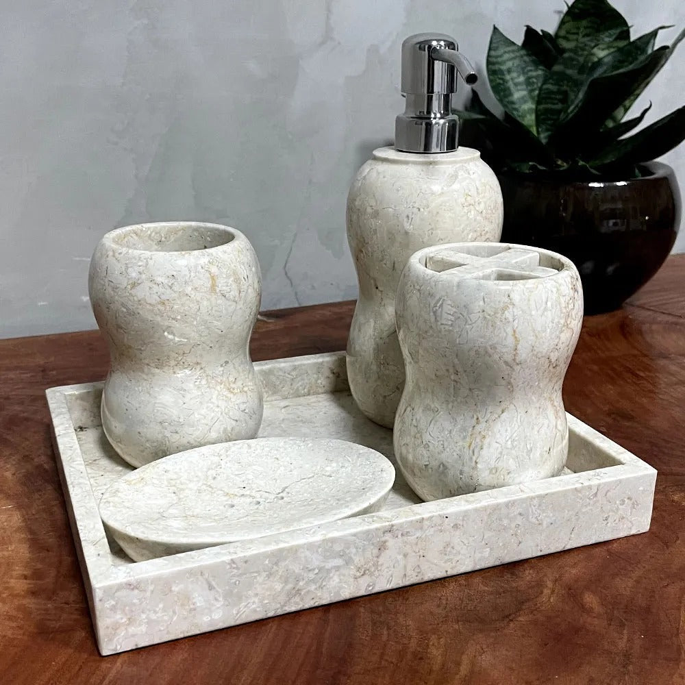 Conjunto de Banheiro em Mármore Natural Travertino Branco - 5 peças