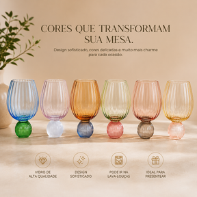 Conjunto de Copos em Vidro com Base Esfera Colorida – 6 Peças (450ml) | Design Premium